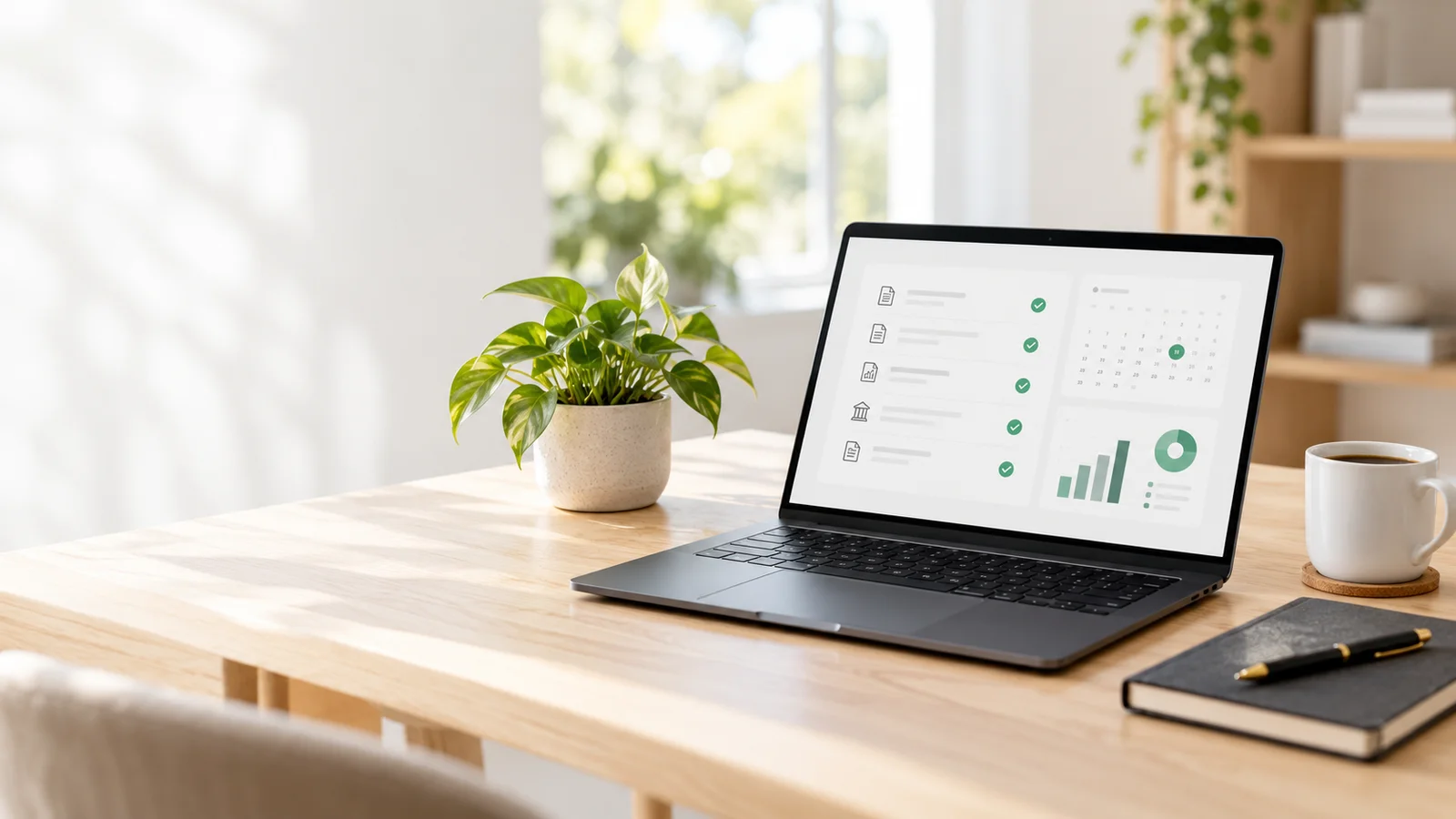 A bright virtual tax preparation workspace with a document checklist and calendar on a laptop