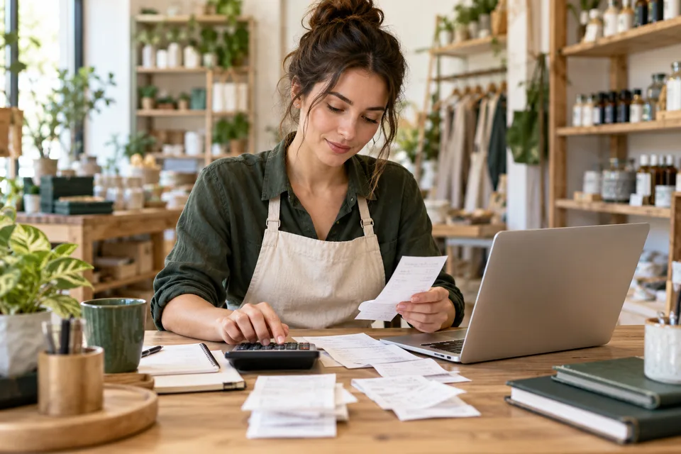 Small business income and expense review at a workspace
