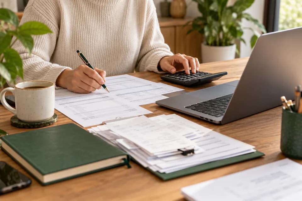 Personal tax paperwork organized beside a laptop and calculator