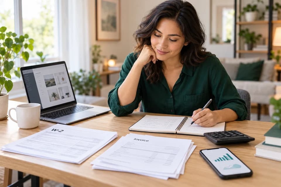 A professional organizing W-2 paperwork, freelance invoices, and gig earnings at a home workspace
